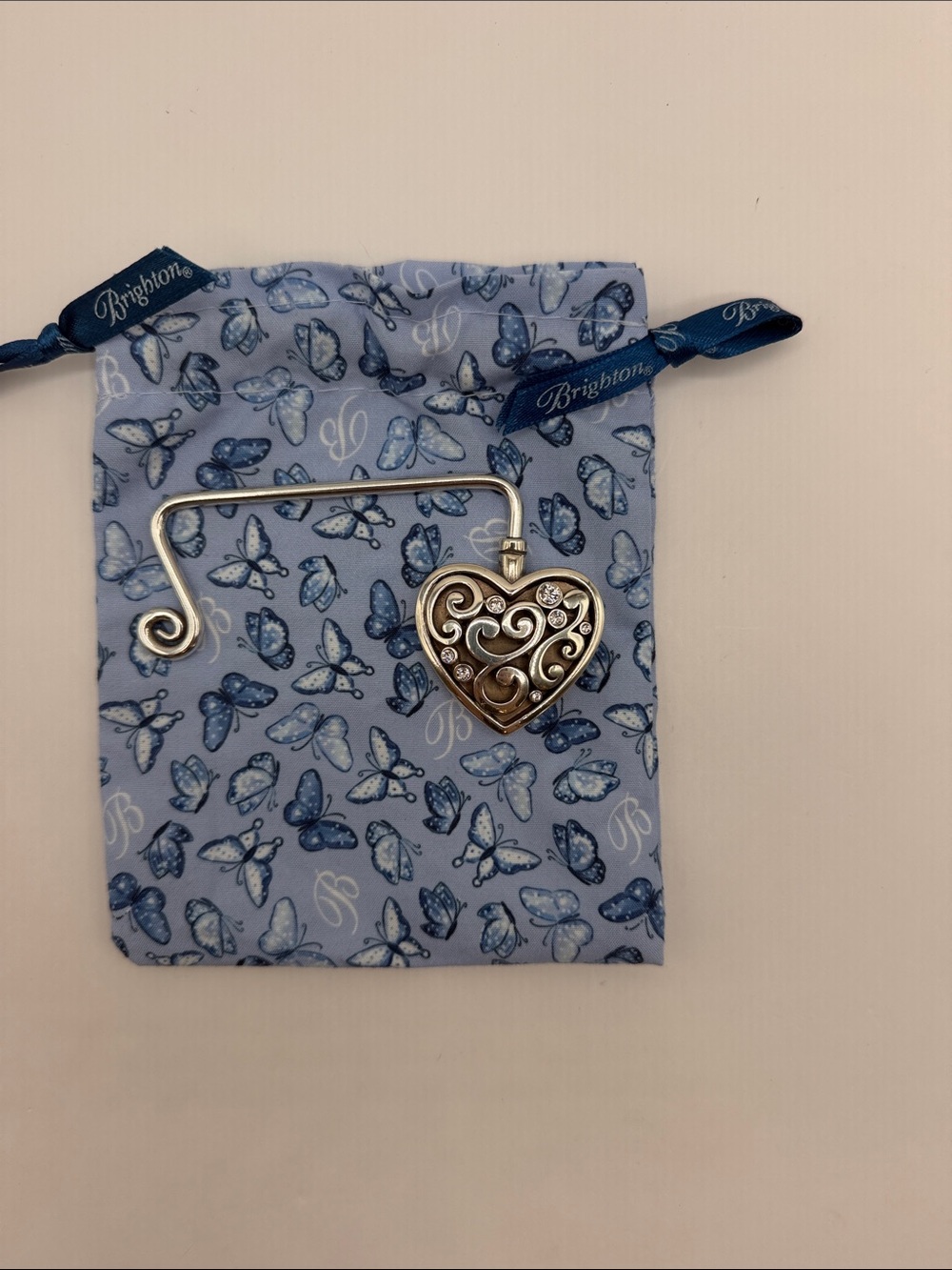 Brighton Silver Heart Purse Hook with Crystals - Blue Pouch